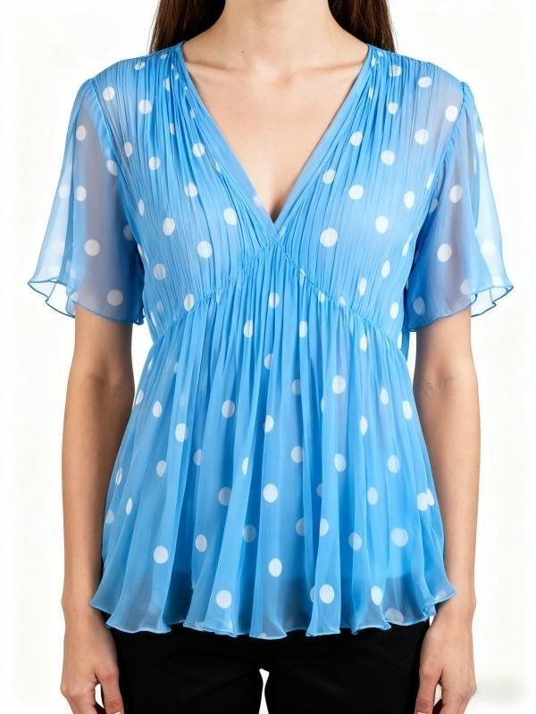 Blue Polka Dot Pleated Blouse
