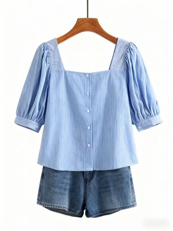 Blue Striped Square Neck Blouse